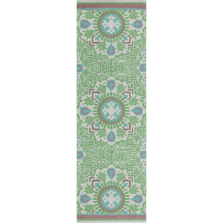 Hand-Tufted Green and Pink Wool Runner Rug