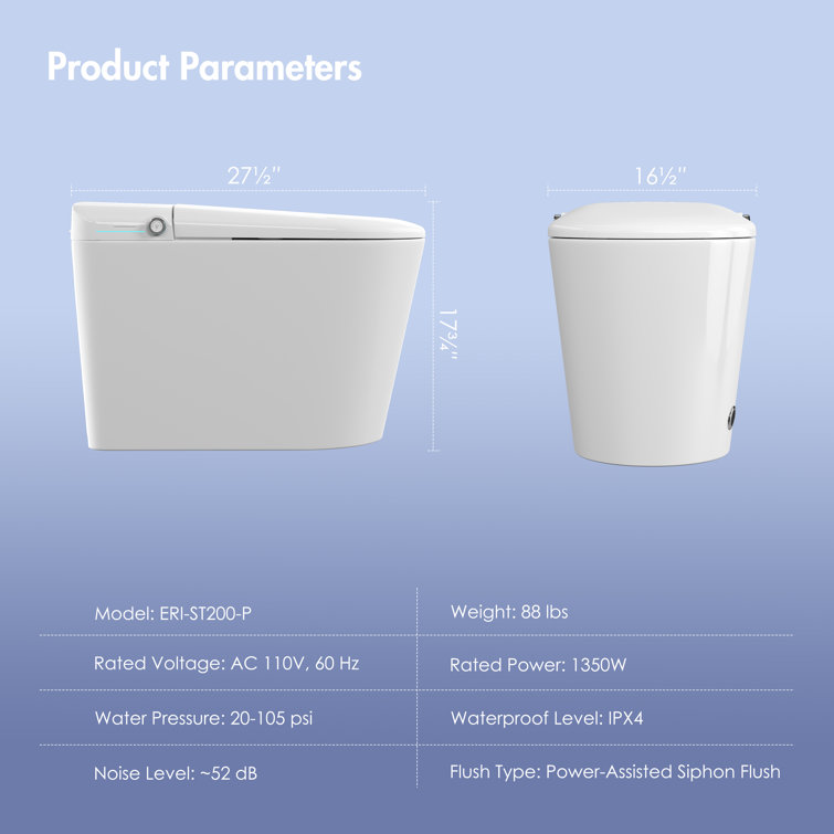 White Elongated Smart Bidet Toilet with Heated Seat and Night Light