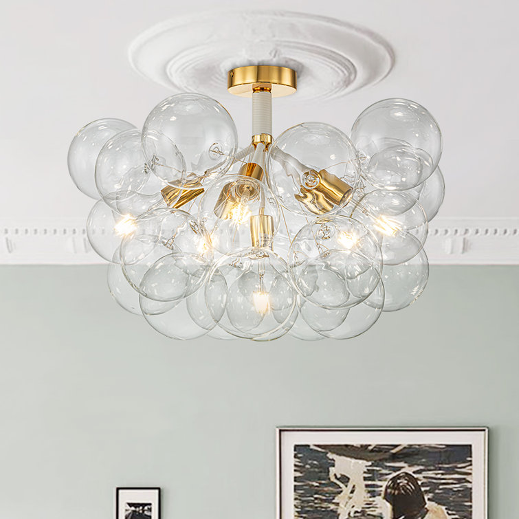 Clear Glass Globe 6-Light White Gold Chandelier