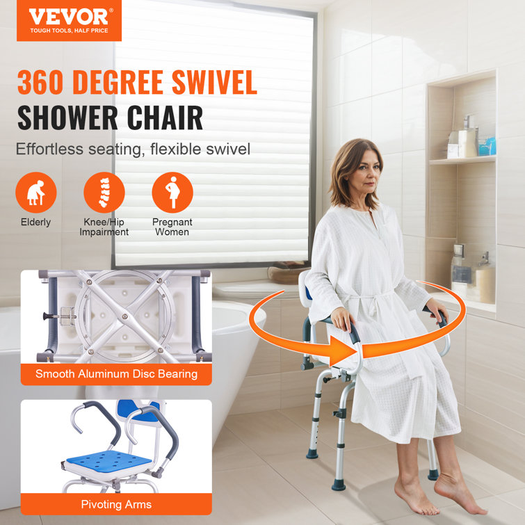 Adjustable Blue Plastic 360° Swivel Shower Chair with Armrests