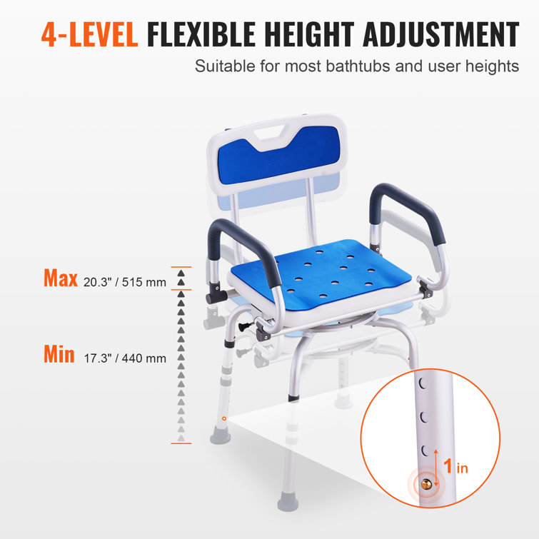 Adjustable Blue Plastic 360° Swivel Shower Chair with Armrests
