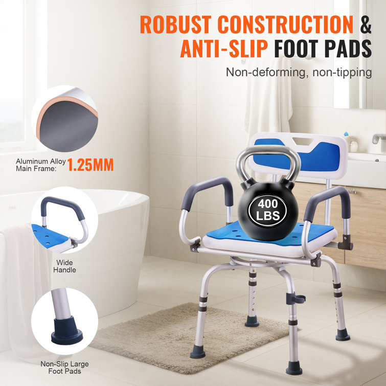 Adjustable Blue Plastic 360° Swivel Shower Chair with Armrests