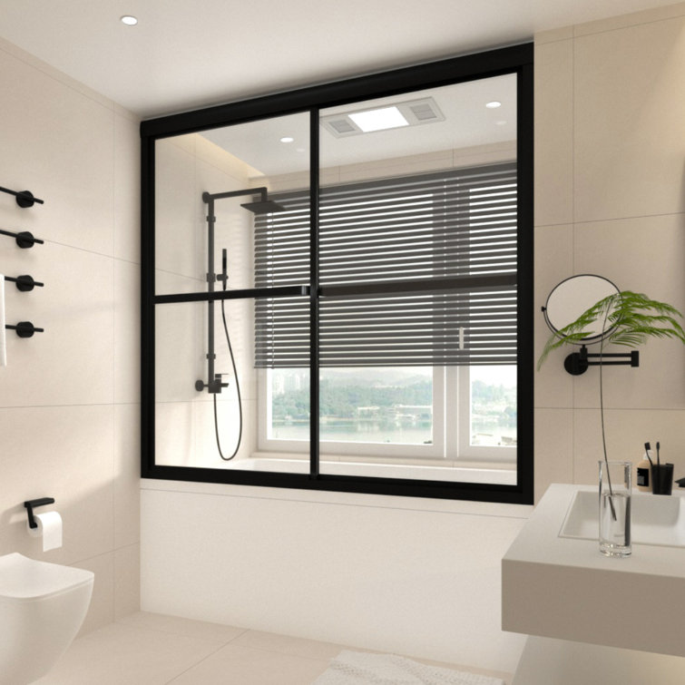 Matte Black Sliding Tub Door with Clear Tempered Glass