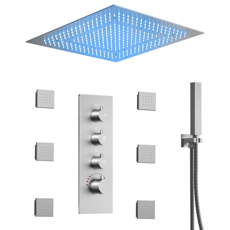 Brushed Nickel LED Rain Shower System with Handheld Spray and Massage Jets