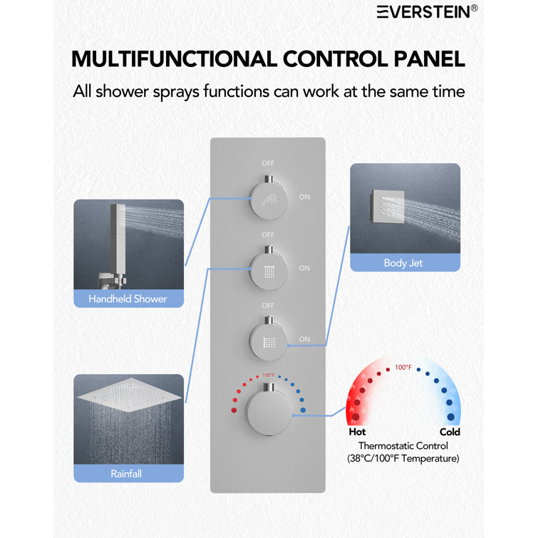 Brushed Nickel LED Rain Shower System with Handheld Spray and Massage Jets