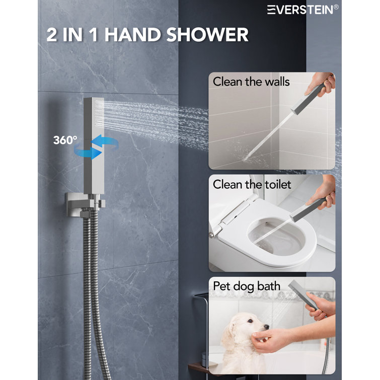 Brushed Nickel LED Rain Shower System with Handheld Spray and Massage Jets