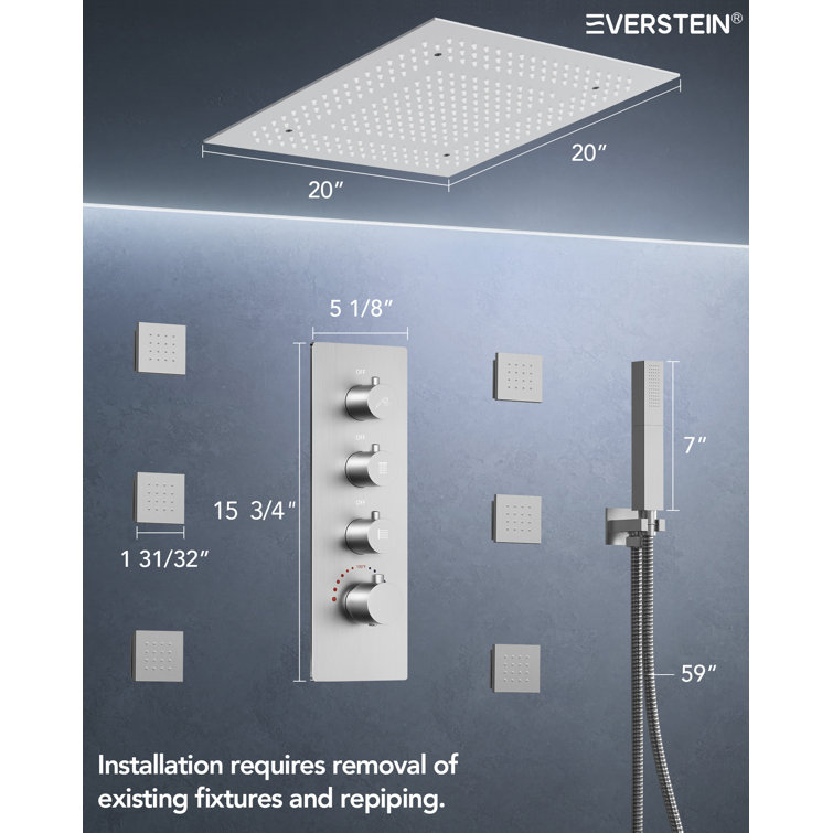 Brushed Nickel LED Rain Shower System with Handheld Spray and Massage Jets