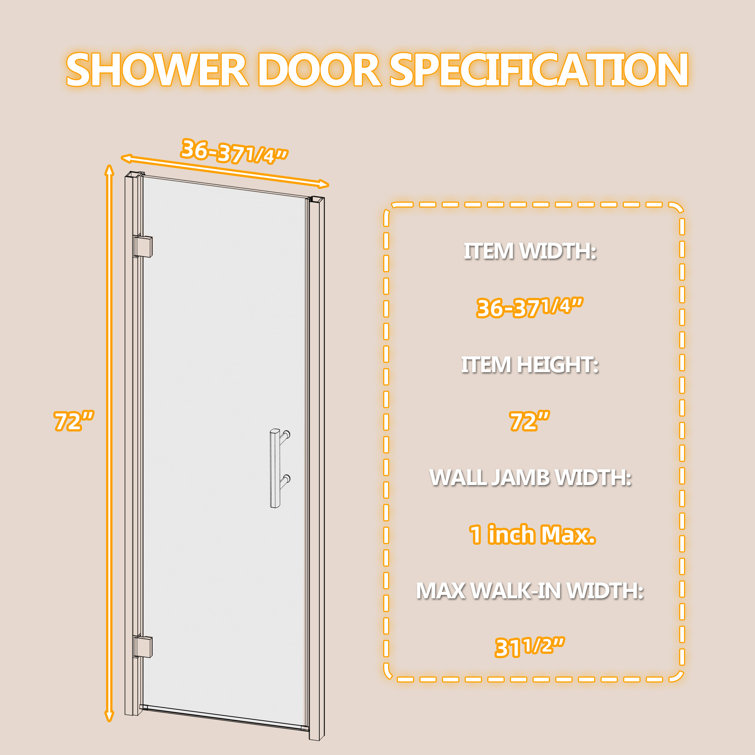 Matte Black Frameless Glass Pivot Shower Door, 36-37.25" W x 72" H