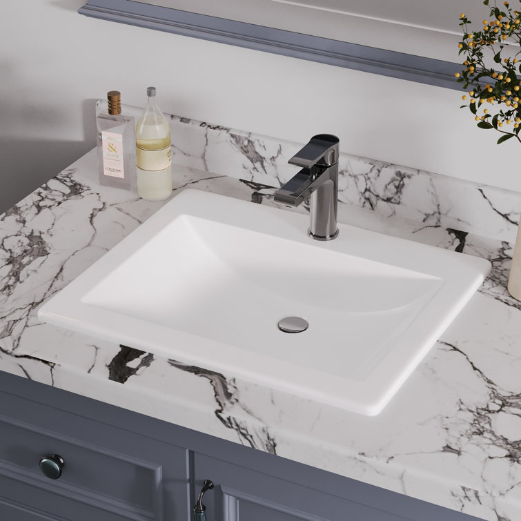 21'' White Gloss Ceramic Rectangular Drop-In Bathroom Sink