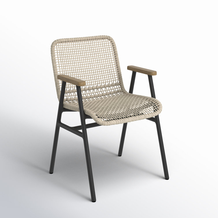 Modern Teak and Woven Rope Arm Dining Chair