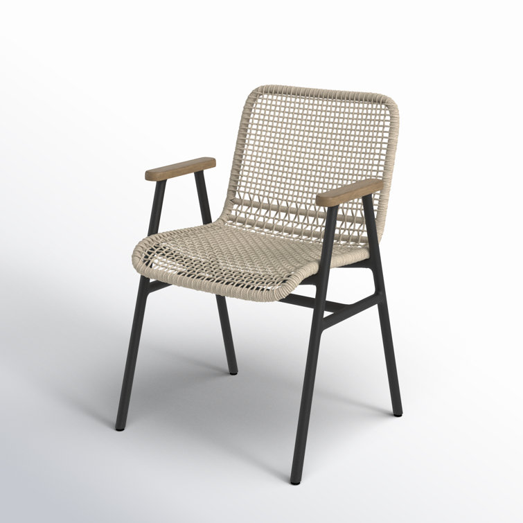 Modern Teak and Woven Rope Arm Dining Chair