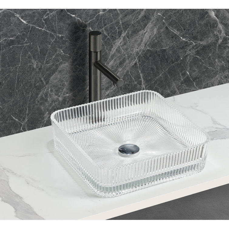 Clear Tempered Glass Square Vessel Bathroom Sink, 15 inches