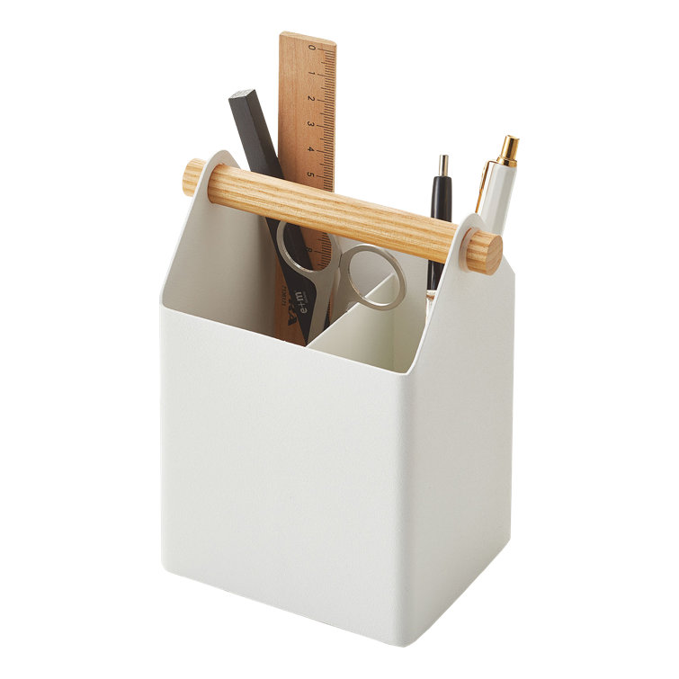 White Light Wood Scandinavian Pen Organizer with Wooden Accents