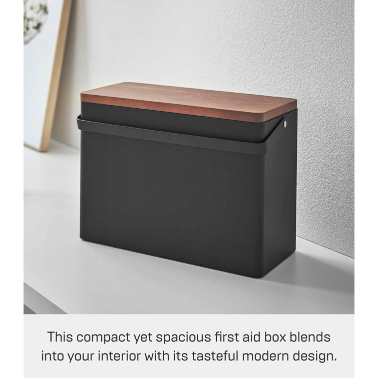 Yamazaki Home Compact Black Steel & Wood Odds-and-Ends Organizer with Lid
