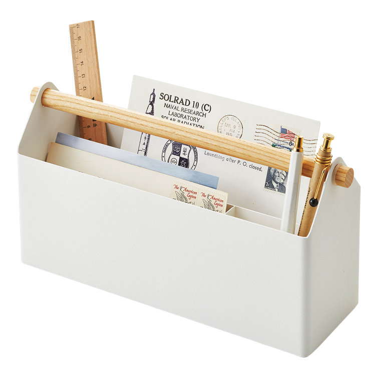 Minimalist White Steel & Wood Desk Organizer with Wooden Crossbar
