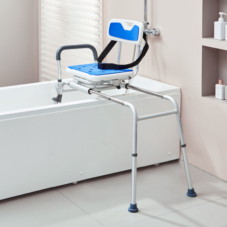 Adjustable Blue Plastic Sliding Tub Transfer Bench with Safety Belt