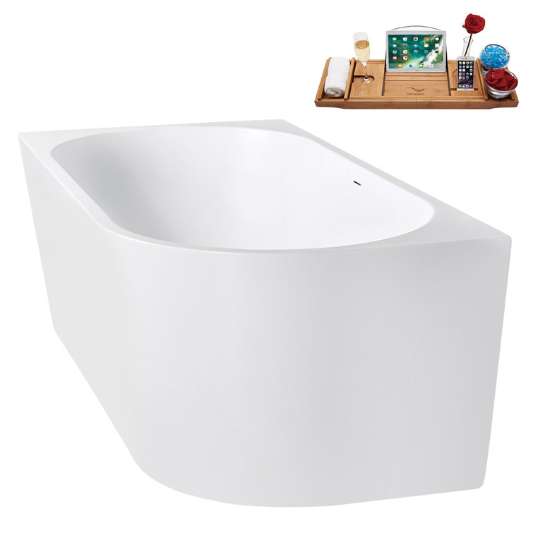 67" Glossy White Acrylic Freestanding Tub with Brushed Gold Trim
