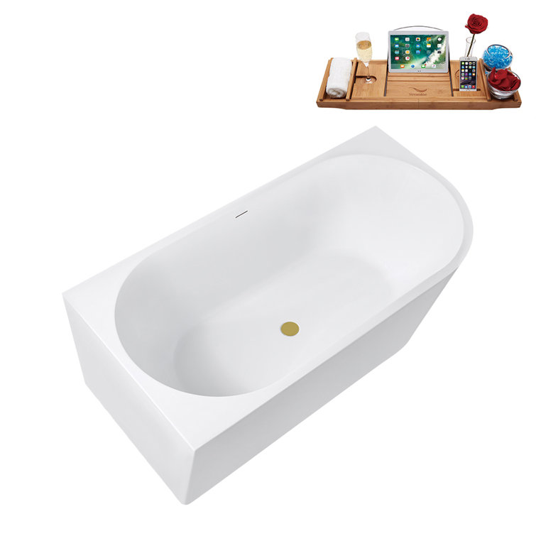67" Glossy White Acrylic Freestanding Tub with Brushed Gold Trim