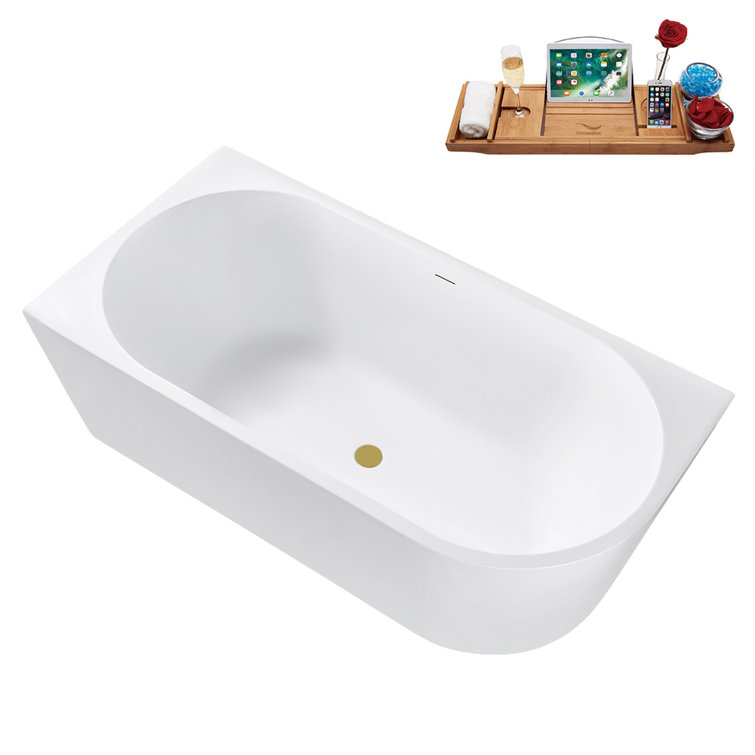 67" Glossy White Acrylic Freestanding Tub with Brushed Gold Trim