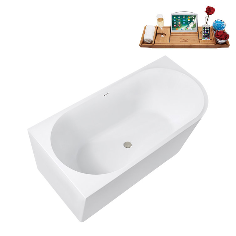 63" Glossy White Acrylic Freestanding Soaking Tub with Tray