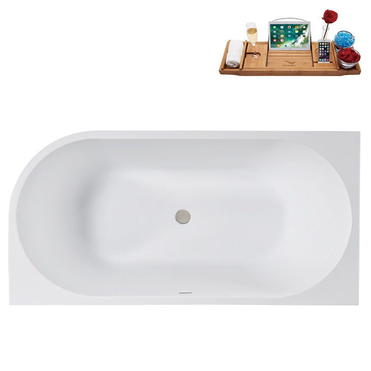 63" Glossy White Acrylic Freestanding Soaking Tub with Tray