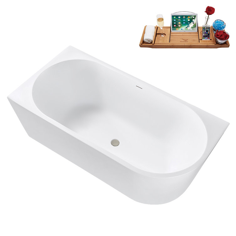 63" Glossy White Acrylic Freestanding Soaking Tub with Tray