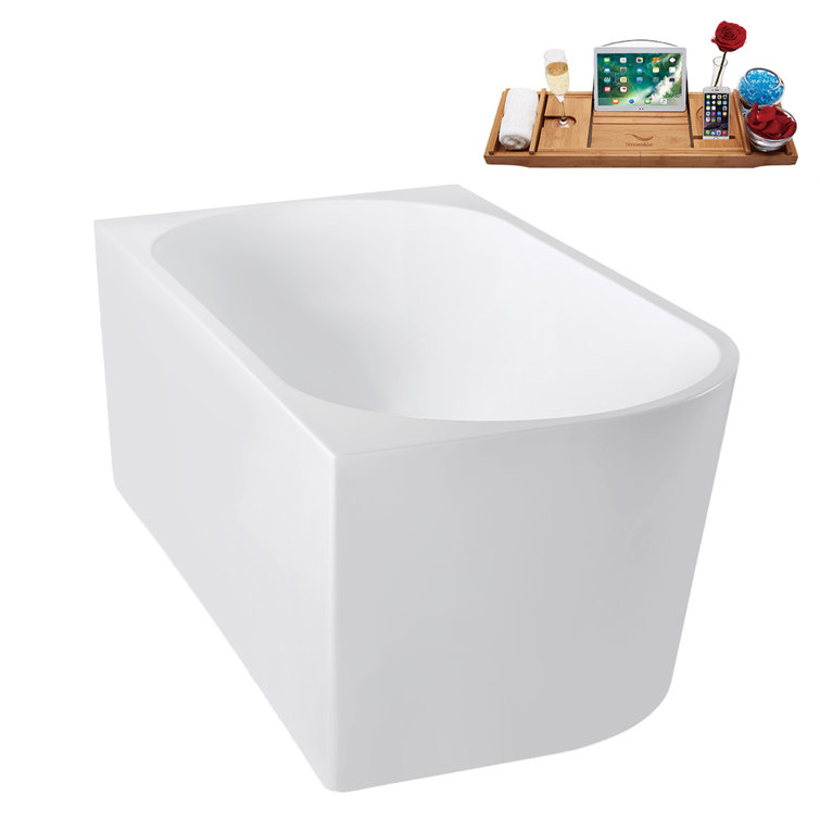 67" Glossy White Acrylic Freestanding Soaking Tub with Bamboo Tray
