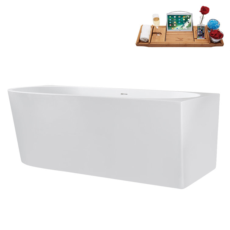 67" Glossy White Acrylic Freestanding Soaking Tub with Tray