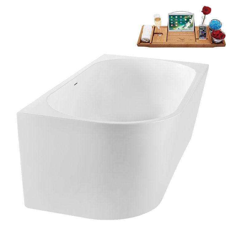 67" Glossy White Acrylic Freestanding Soaking Tub with Bamboo Tray