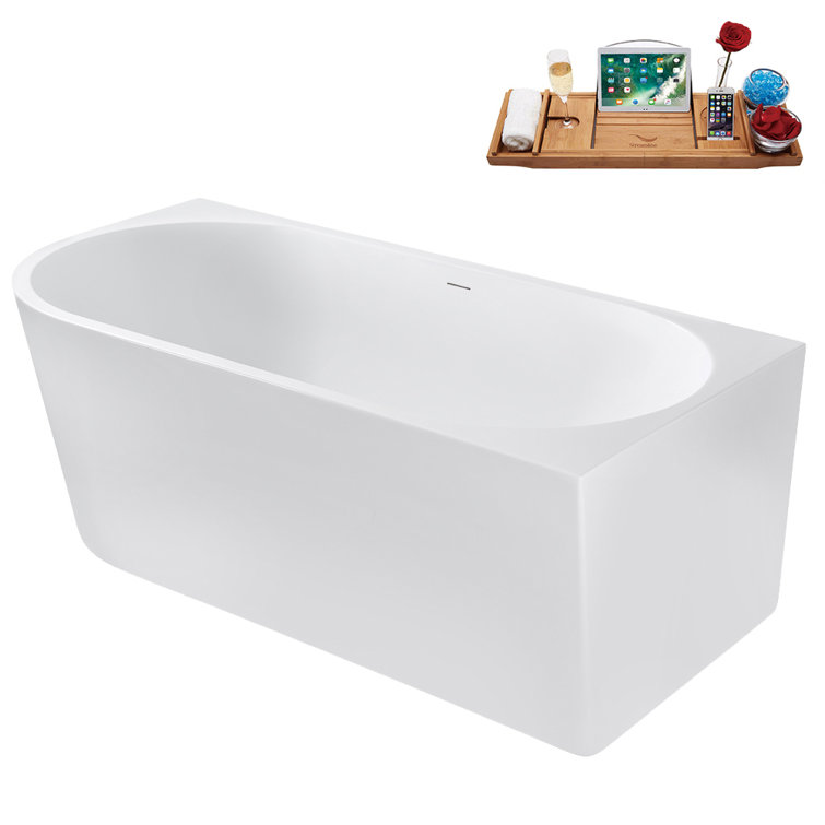67" Glossy White Acrylic Freestanding Soaking Tub with Tray