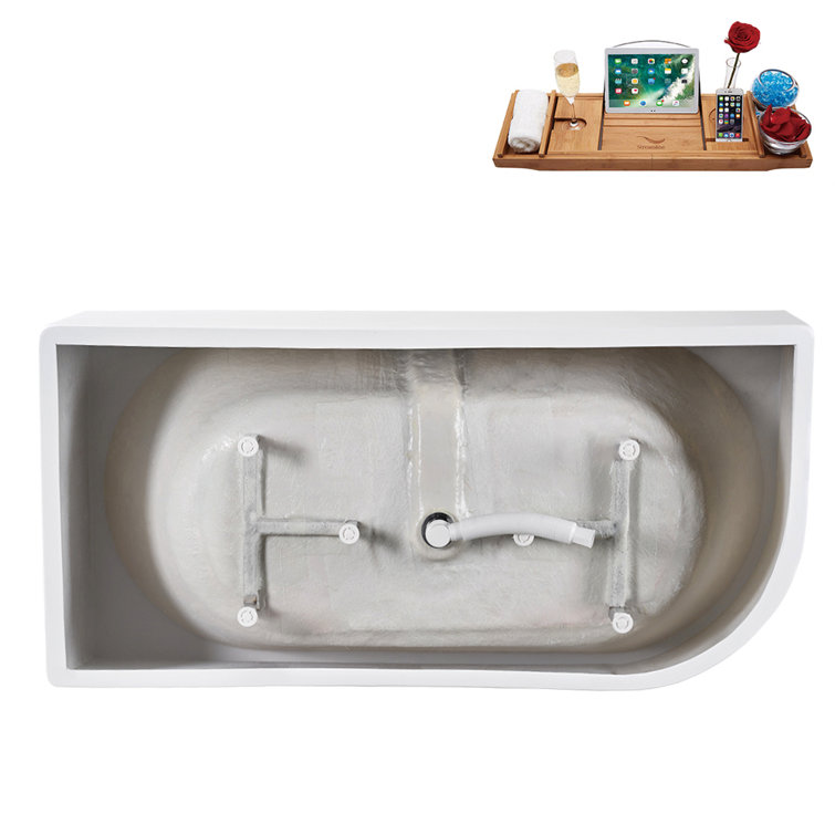 67" Glossy White Acrylic Freestanding Soaking Tub with Bamboo Tray