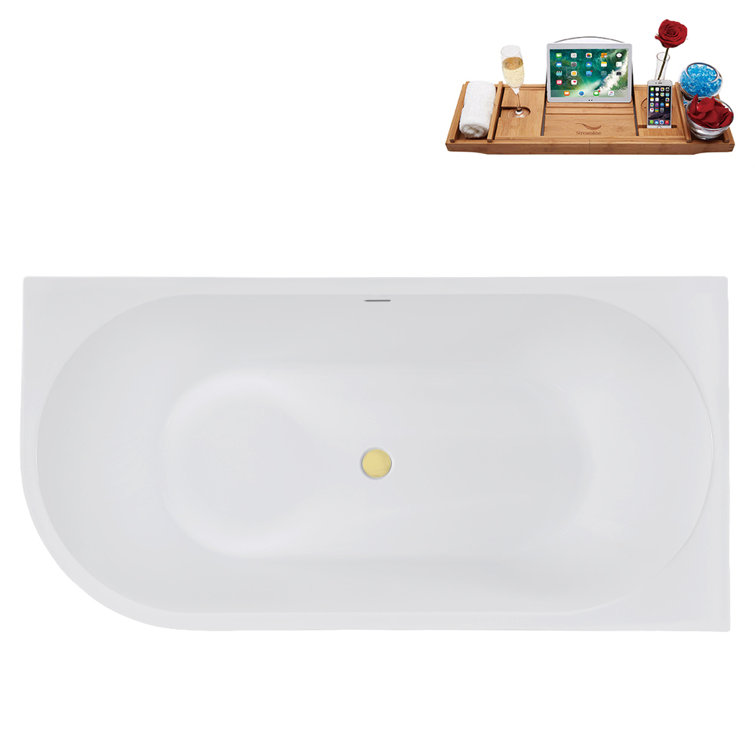 67" Glossy White Acrylic Freestanding Soaking Tub with Bamboo Tray