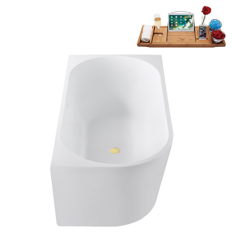 67" Glossy White Acrylic Freestanding Soaking Tub with Bamboo Tray