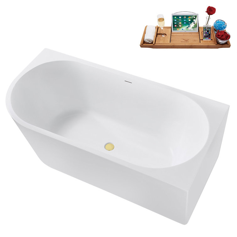 67" Glossy White Acrylic Freestanding Soaking Tub with Bamboo Tray