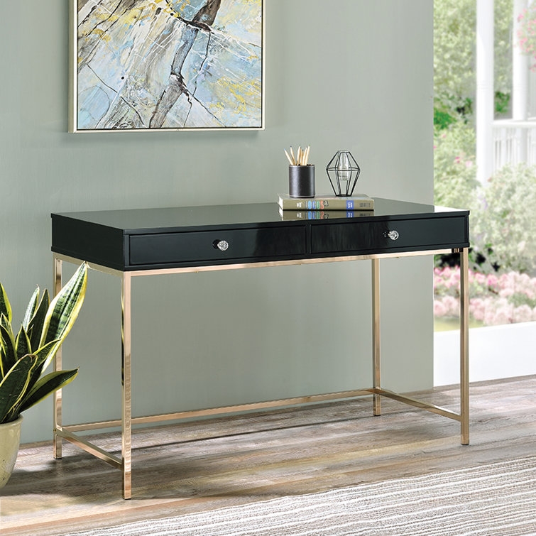 Luxor High Gloss Black & Gold 62" Writing Desk with Drawers