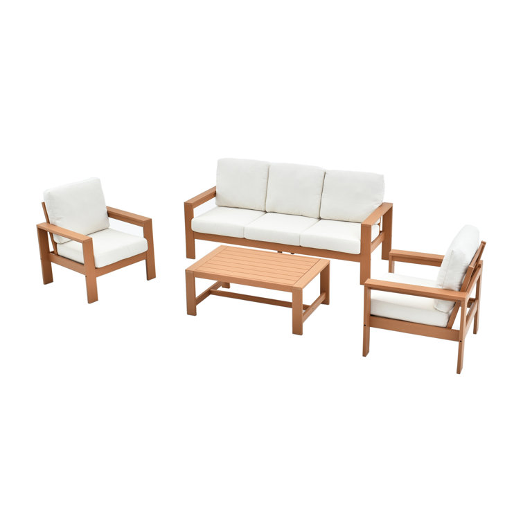 Madrid 5-Person Outdoor Seating Group with White Cushions and Wooden Frame