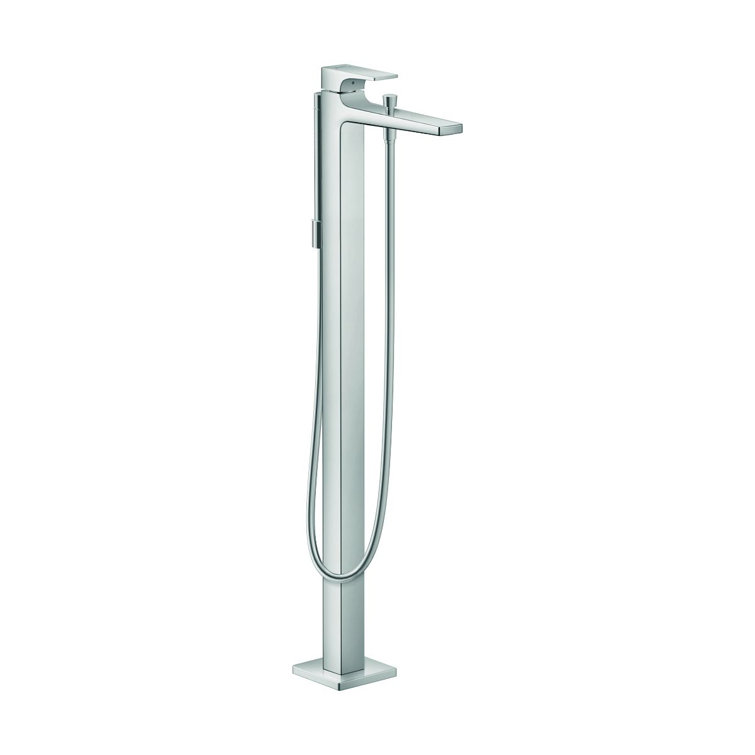 Sleek Black and Chrome Floor Mounted Tub Filler with Handshower