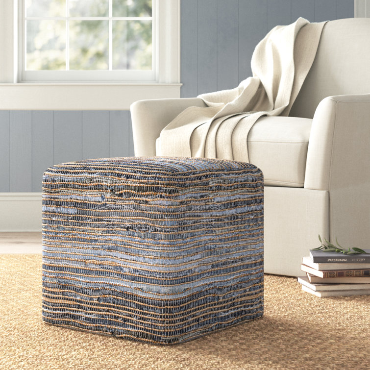 Square Jute and Recycled Denim Upholstered Pouf