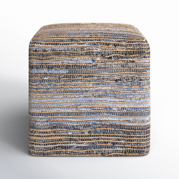 Square Jute and Recycled Denim Upholstered Pouf