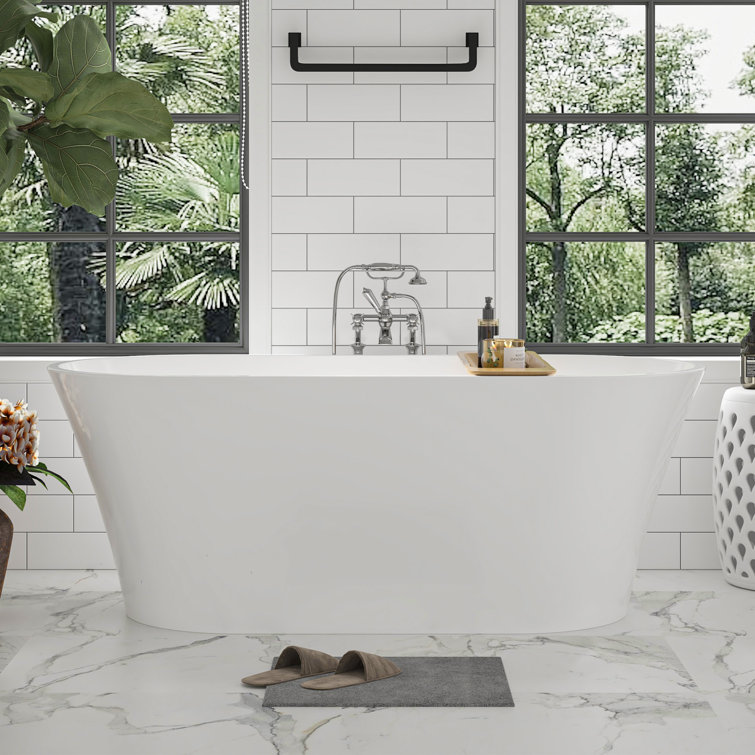 63" White Acrylic Freestanding Soaking Bathtub with Pop-Up Drain