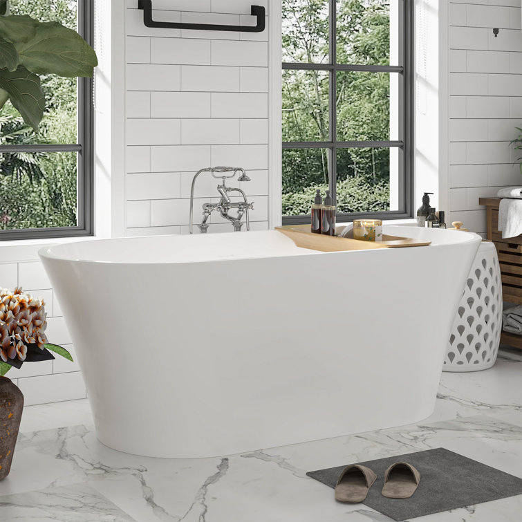 63" White Acrylic Freestanding Soaking Bathtub with Pop-Up Drain