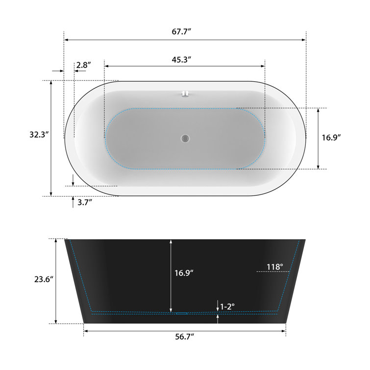 67.7" Black and White Acrylic Freestanding Bathtub