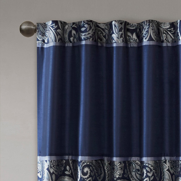 Navy Faux Silk Paisley Jacquard Curtain Panel Pair