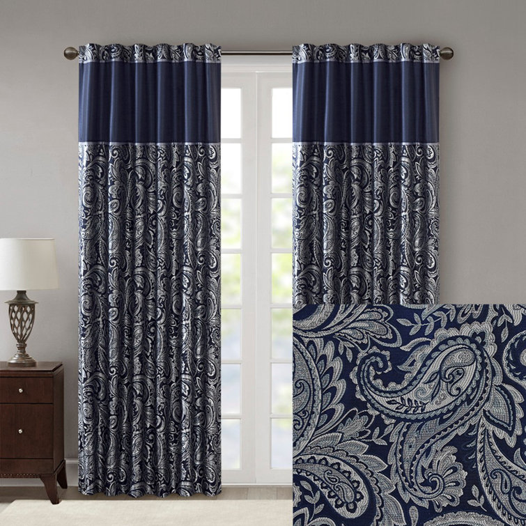 Navy Faux Silk Paisley Jacquard Curtain Panel Pair