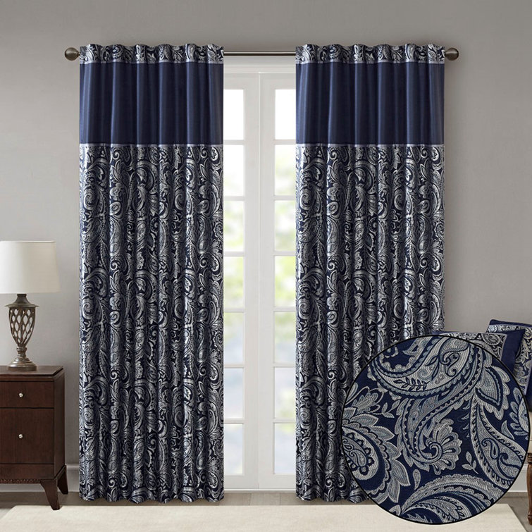 Navy Faux Silk Paisley Jacquard Curtain Panel Pair
