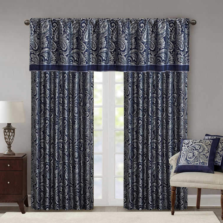Navy Faux Silk Paisley Jacquard Curtain Panel Pair