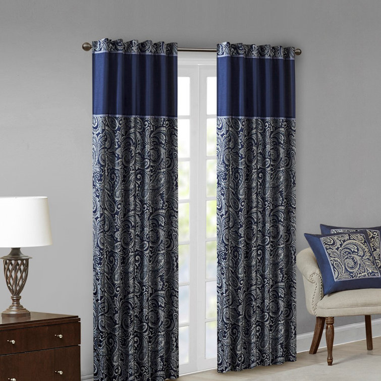 Navy Faux Silk Paisley Jacquard Curtain Panel Pair