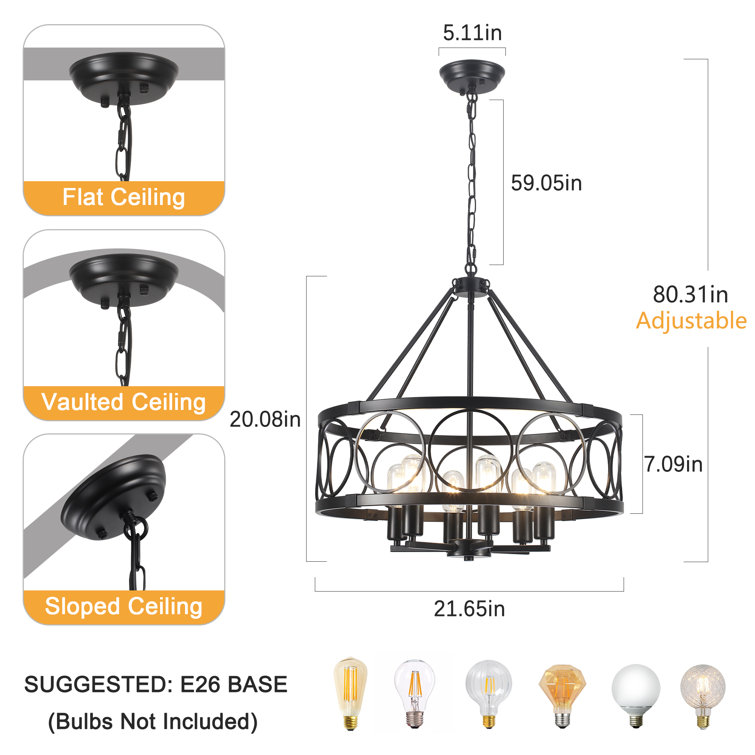 Black Metal 6-Light Adjustable Drum Chandelier