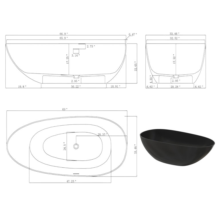 Matte Black 67'' Solid Surface Freestanding Soaking Bathtub