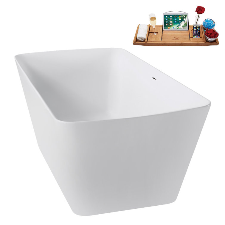59" Glossy White Acrylic Freestanding Tub with Brushed Gold Trim